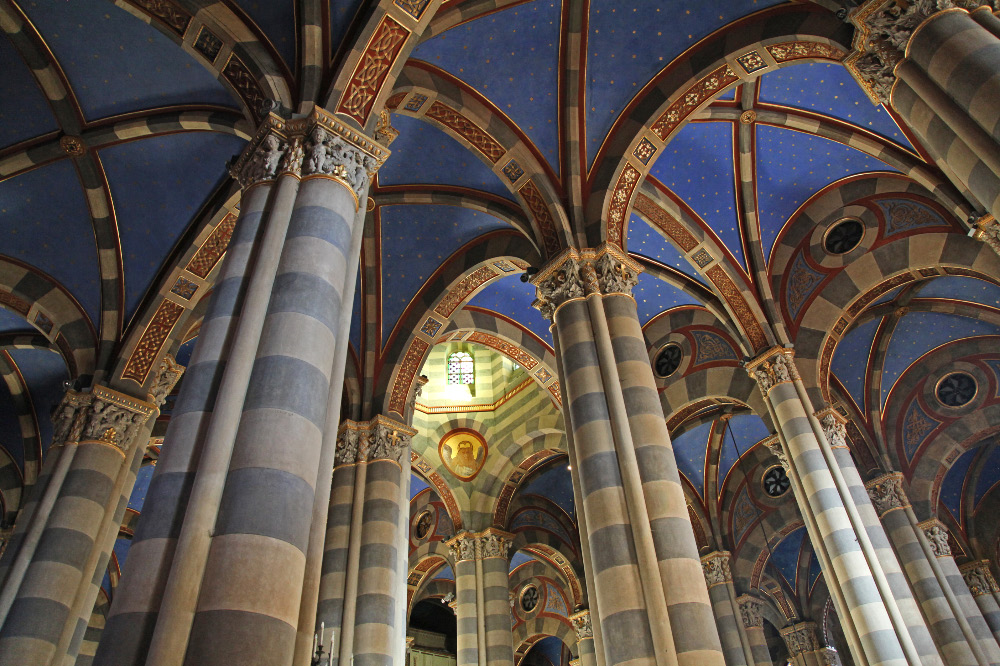 from ceiling of nave of Lombard-Romanesque style Cathedral, Duomo di Sant'Evasio