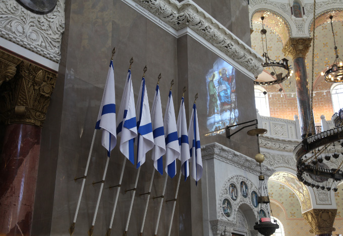 Saint Andrew flags from Cathedral in Kronstadt